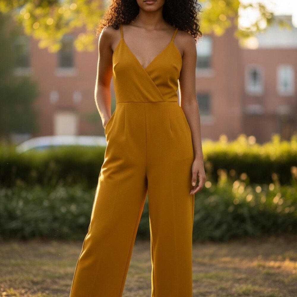 VGC MinkPink Mustard Yellow Cropped Wide Leg Surplice Jumpsuit Medium